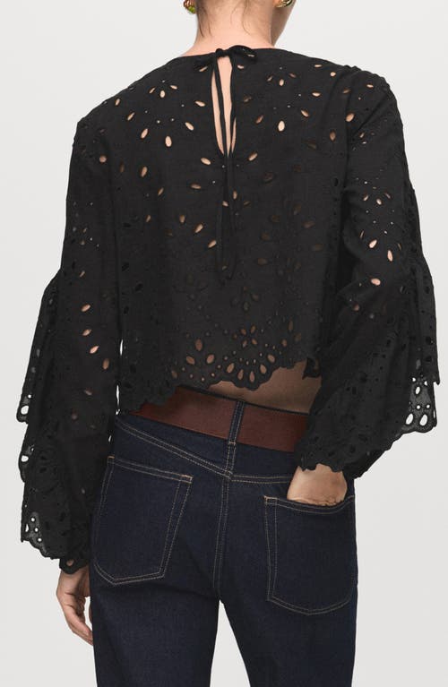 Mango Molly Embroidered Eyelet Flutter Sleeve Top In Black