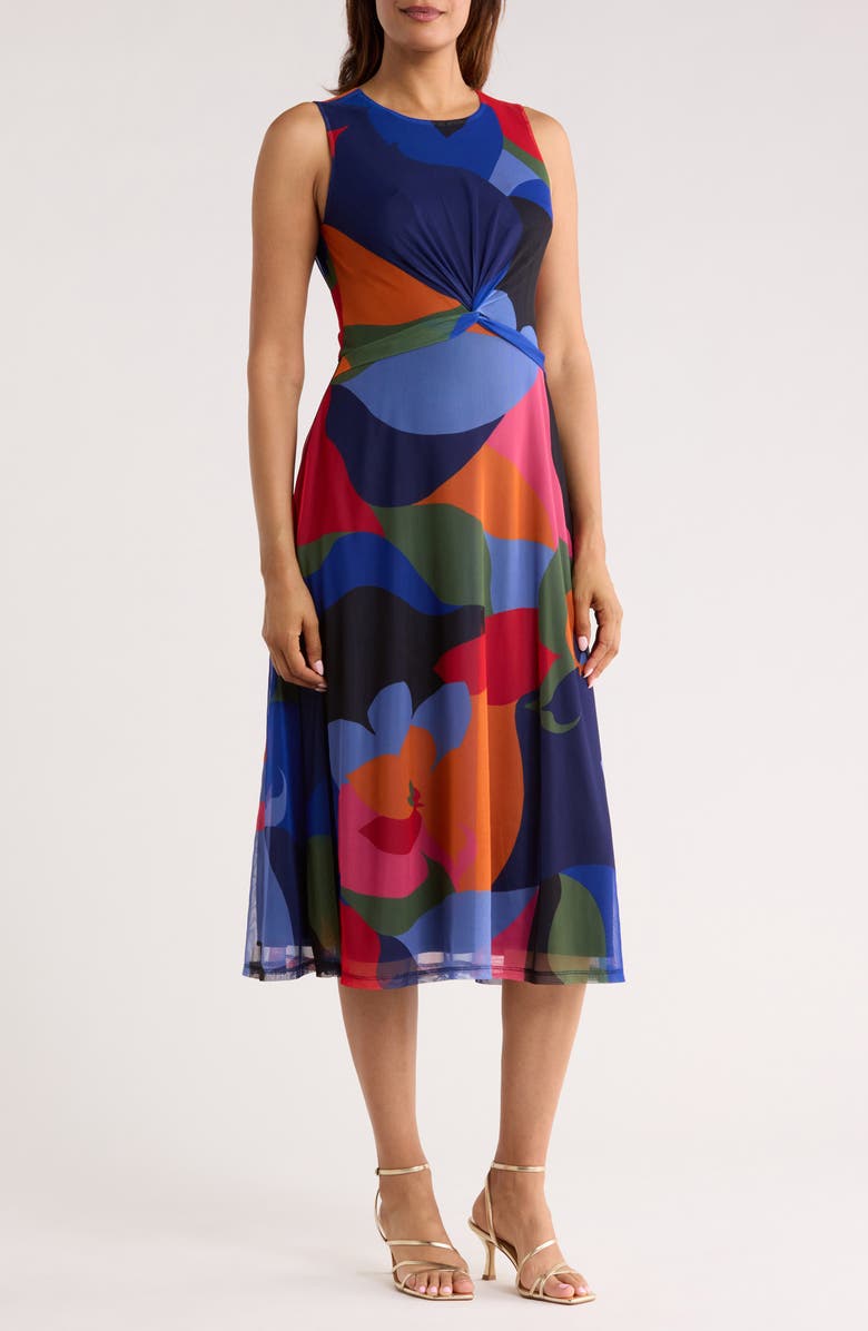 Vince Camuto Sleeveless Twist Front Mesh A-Line Midi Dress, Main, color, Blue Multi