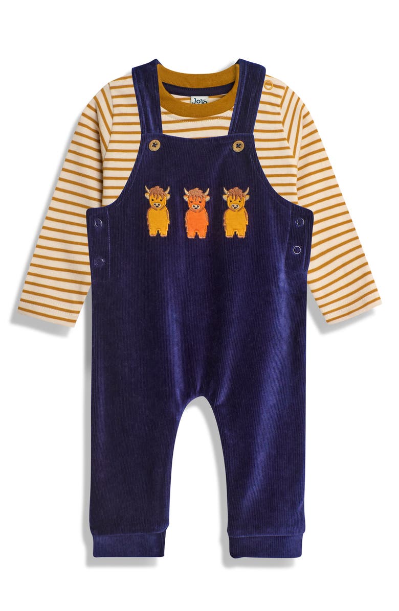 JOJO MAMAN BEBE Highland Cow Appliqué Long Sleeve T-Shirt & Overalls Set, Main, color, 