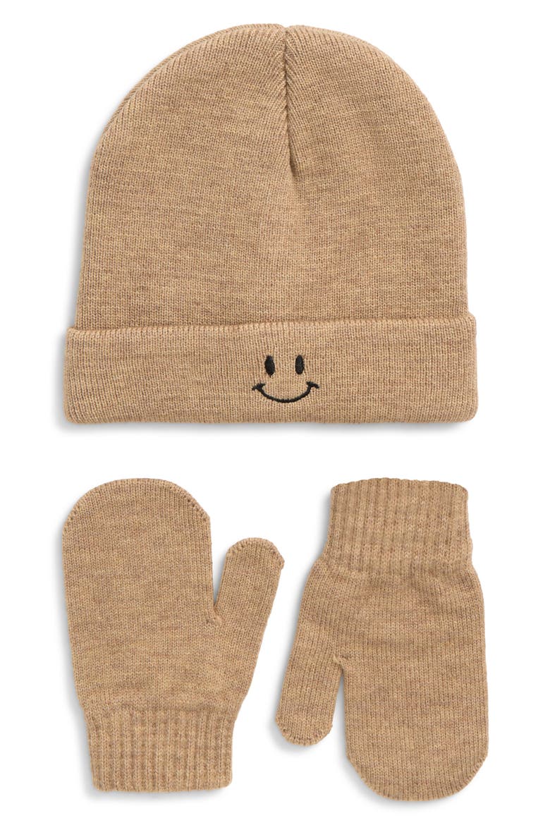 Kids' Smiley Beanie & Mittens Set, Main, color, NATURAL COMBO