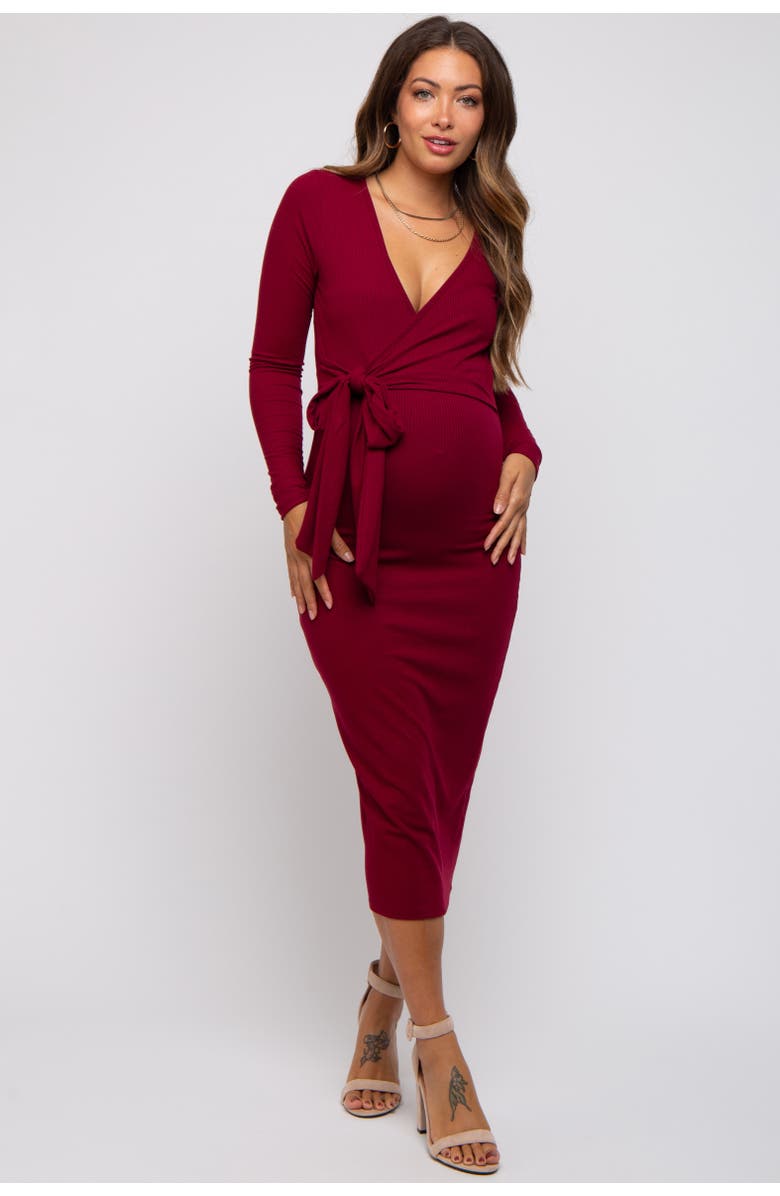 PinkBlush Ribbed Long Sleeve Wrap Dress, Alternate, color, Burgundy