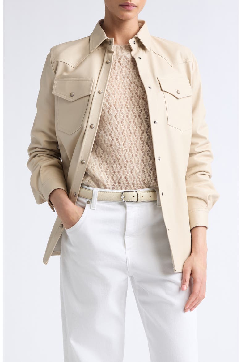 Lambskin Leather Snap Front Shirt, Main, color, 150 CREAM