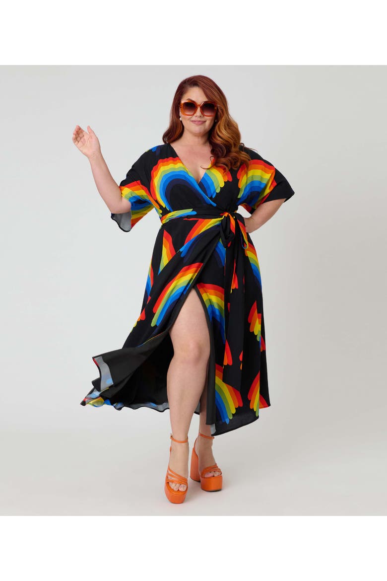 Plus Size Tie Wrap Surplice Midi Dress, Alternate, color, Black w/ Rainbow Print