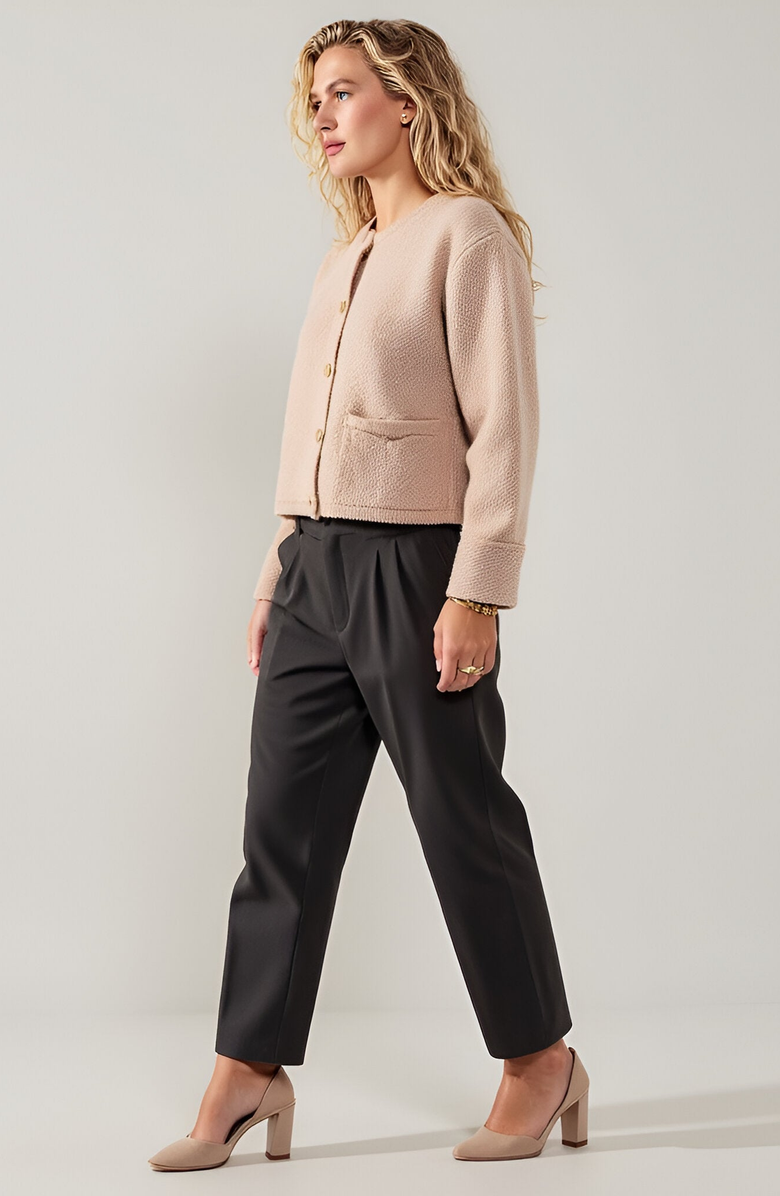 Modenaire Textured Knit Gold Button-Front Patch-Pocket Cardigan, Alternate, color, Beige