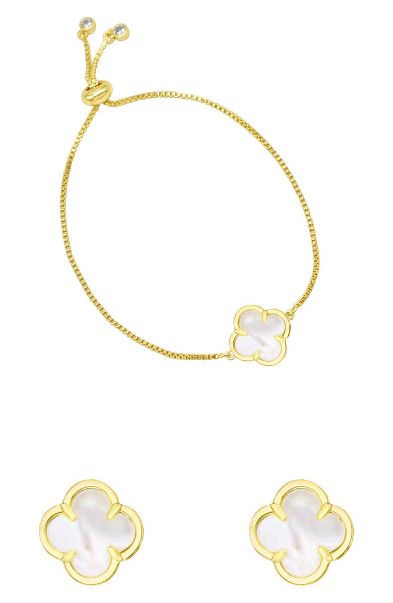 Adornia Mother-of-Pearl Clover Slider Bracelet & Stud Earrings, Main, color, White/ Gold