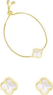 Adornia Mother-of-Pearl Clover Slider Bracelet & Stud Earrings