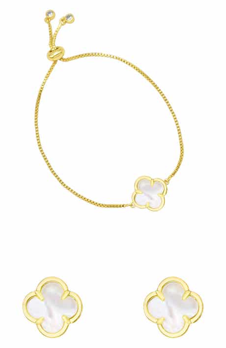 Adornia Mother-of-Pearl Clover Slider Bracelet & Stud Earrings