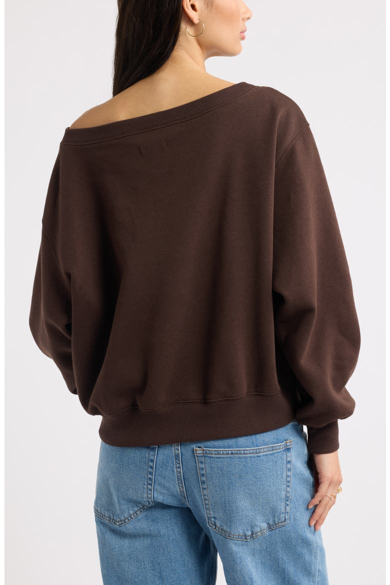 Off the Shoulder Fleece Graphic Sweatshirt, Alternate, color, BROWN PROGRESS OVER PERFECT