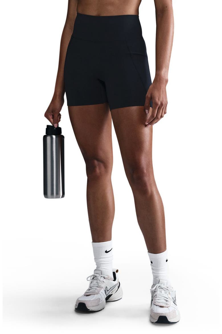 Universa Medium-Support High-Waisted 5-Inch Pocket Biker Shorts, Main, color, 010 010 BLACK/ANTHRACITE/BLACK