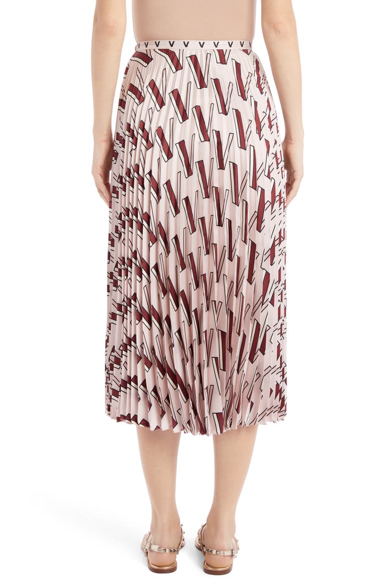 V-Print Pleated Silk Midi Skirt, Alternate, color, POUDRE