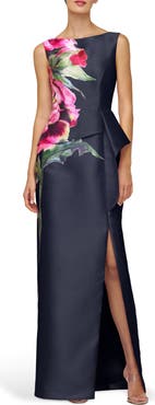 Kay Unger Luciana Placed Floral Column Gown