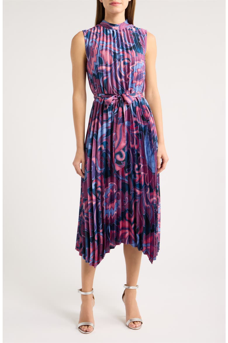 Print Pleated Tie Waist Midi Dress, Main, color, MAUVE MULTI