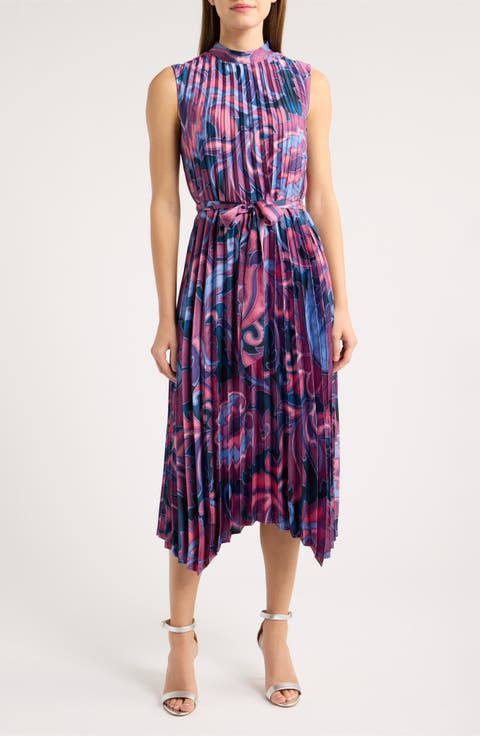 Print Pleated Tie Waist Midi Dress