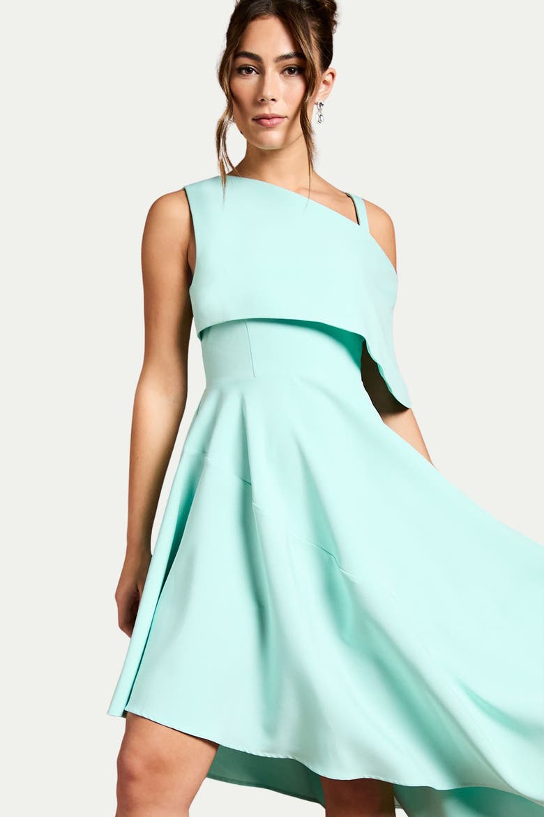 Asymmetric Crepe Midi Dress, Alternate, color, Aqua