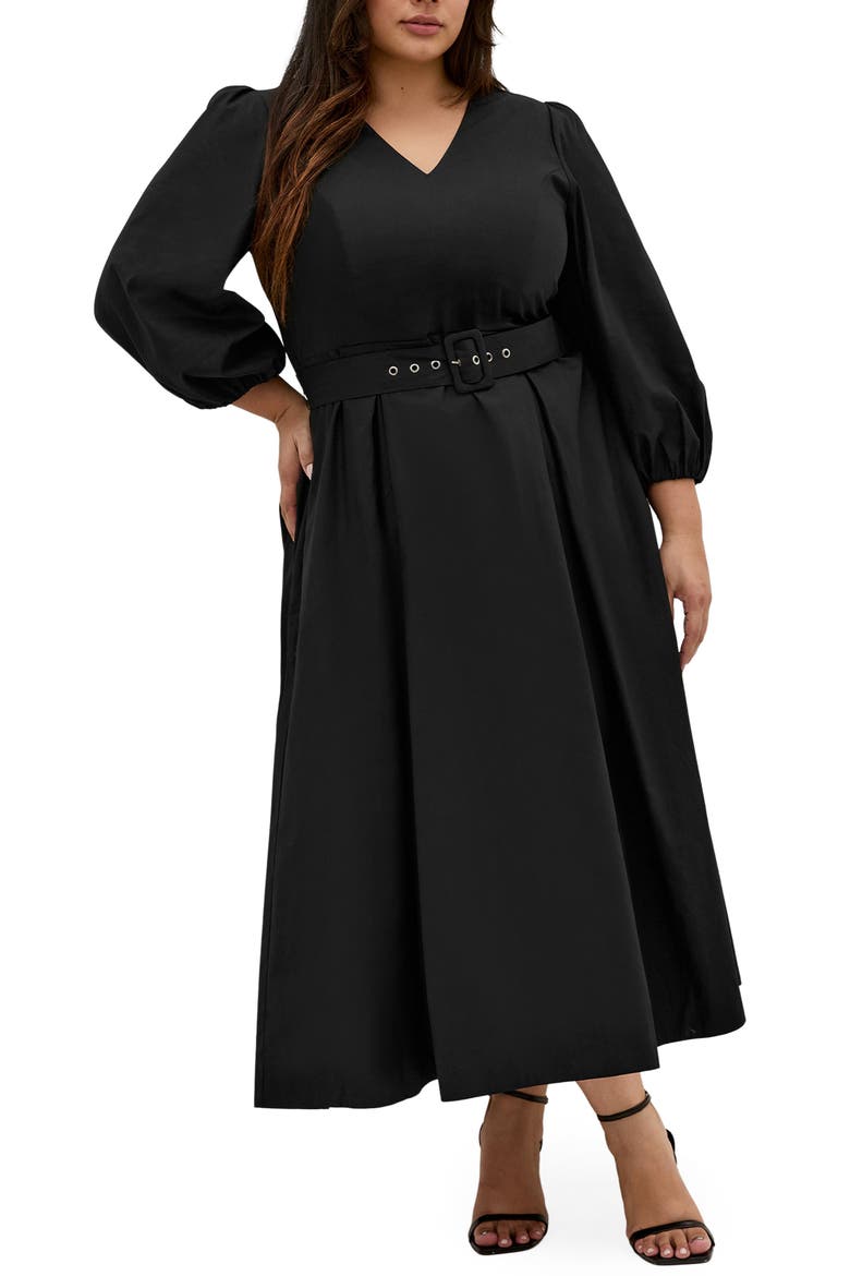 Kaiya Belted Cotton Dress, Main, color, BLACK