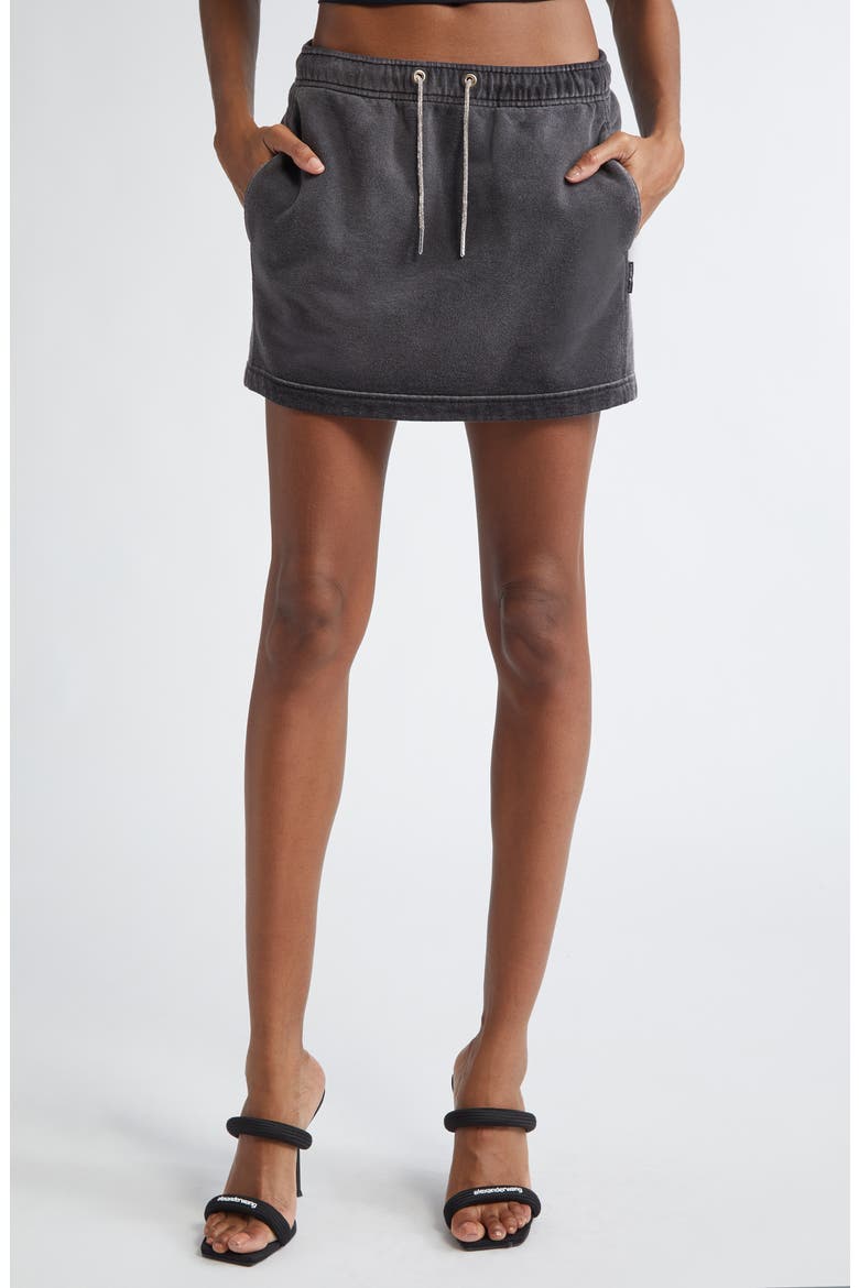 Hotfix Crystal Drawstring French Terry Miniskirt, Main, color, WASHED CAVIAR