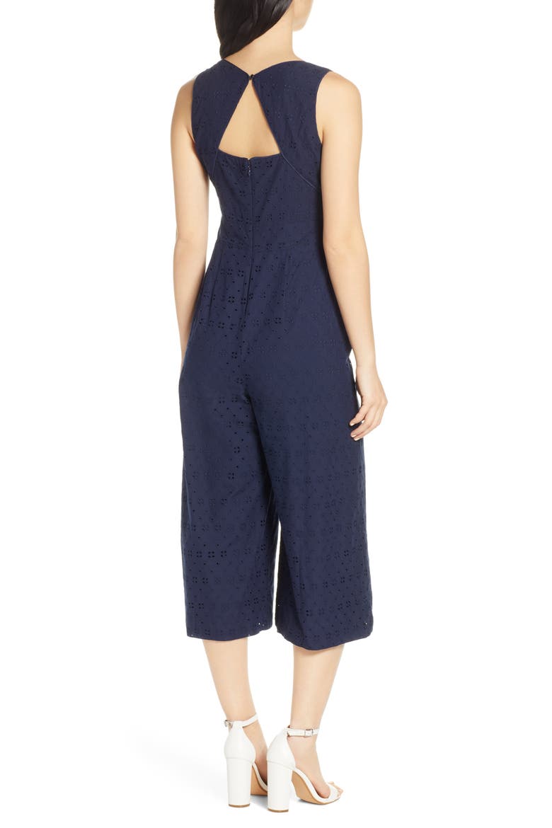 Cotton Eyelet Sleeveless Crop Wide Leg Jumpsuit, Alternate, color, NAVY