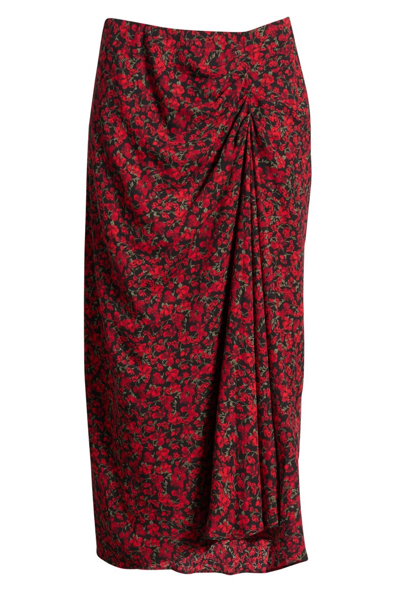 Ruched Side Midi Skirt, Alternate, color, BLACK RED DARA DITSY