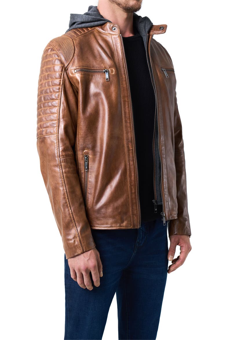 Belmont Leather Jacket With Hood And Chestpiece, Alternate, color, Honey