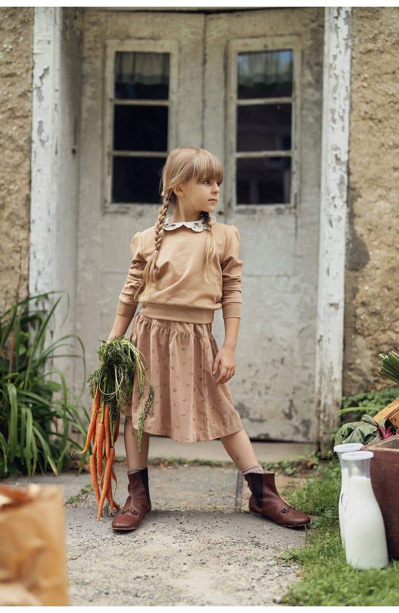 Space Grey 2 Piece Corduroy Skirt Set with Crochet Collar French Fleece Sweater, Alternate, color, Dusty Pink