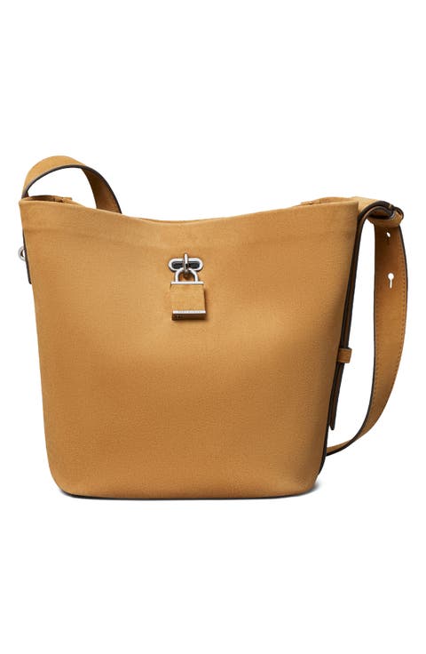 Lock Medium Slim Suede Bucket Bag