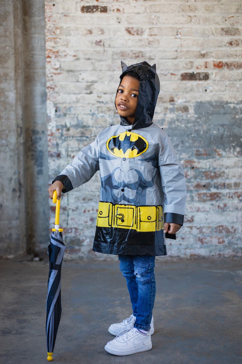 Justice League Batman 3-Piece Rain Jacket and Umbrella Set, Alternate, color, Batman Black Grey