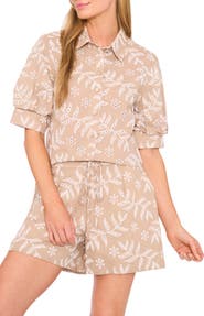 Halogen® Eyelet Short Sleeve Cotton Button-Up Shirt