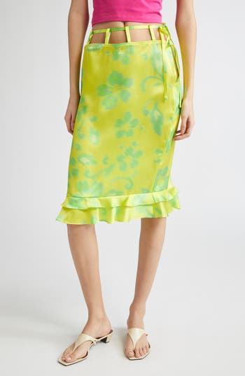 Julie Kegels Sonny Floral Silk Satin Skirt In Green