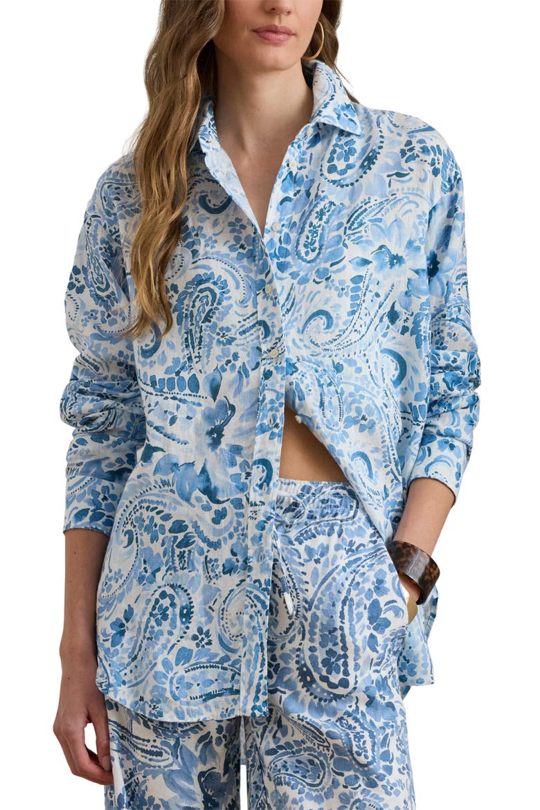Paisley Print Linen Shirt, Main, color, WHITE/ BLUE