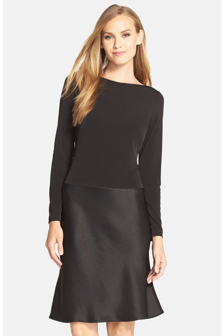 Jersey & Satin Drop Waist Dress, Main, color, RICH BLACK