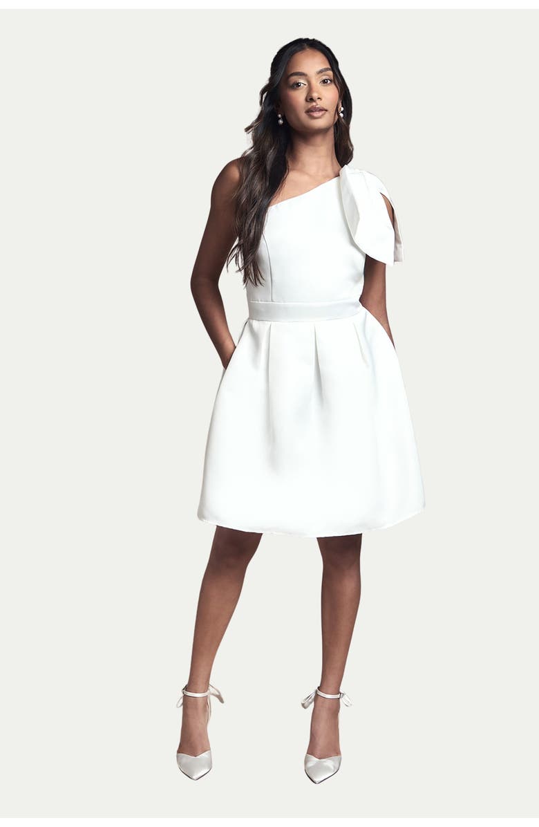 Coast One Shoulder Bow Bridal Mini Dress, Main, color, Ivory