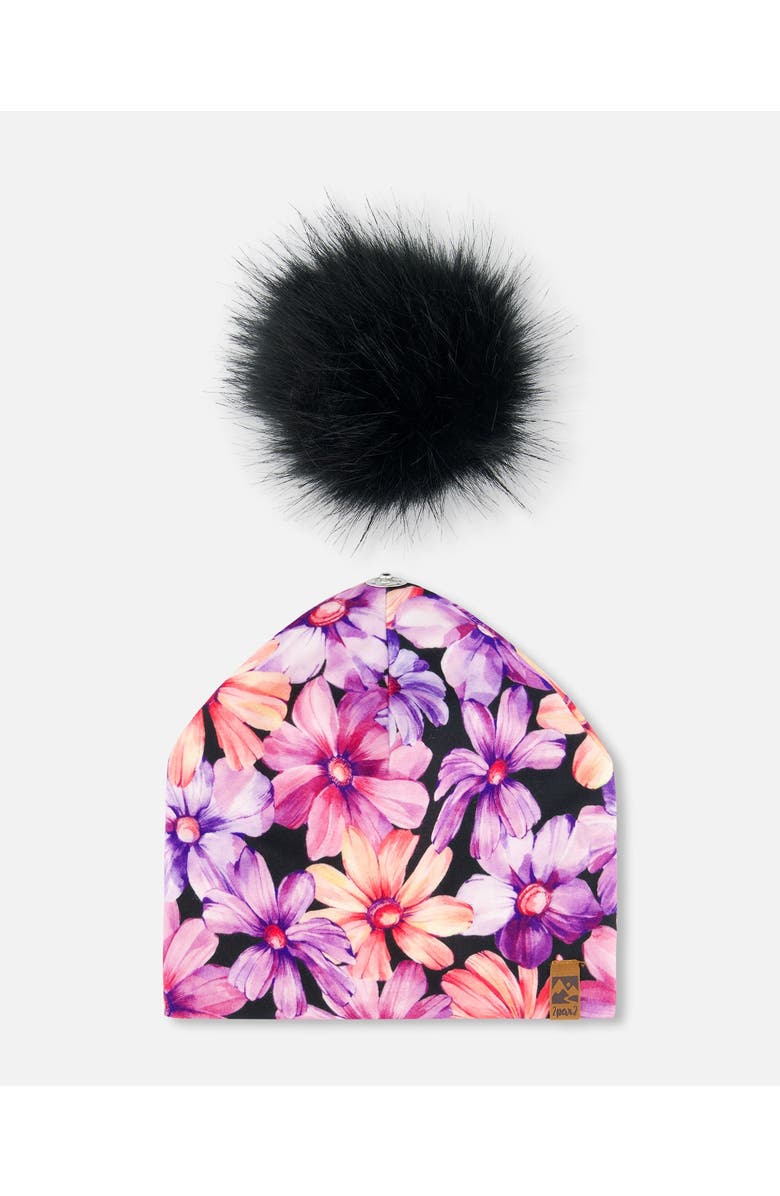 Deux par Deux Girl's Printed Jersey Detachable Pompom Hat Black With Pink And Orange Flowers, Alternate, color,