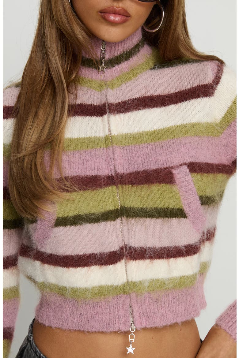 Keeve Mock Neck Front Zip Crop Sweater, Alternate, color, PINK / GREEN STRIPE