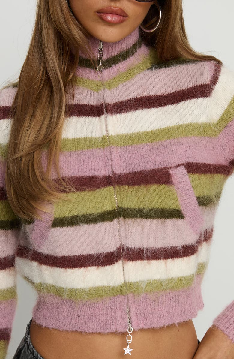 Princess Polly Keeve Mock Neck Front Zip Crop Sweater, Alternate, color, Pink / Green Stripe