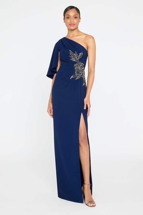 Theia Giuliana Embellished Crepe Column Gown In Blue