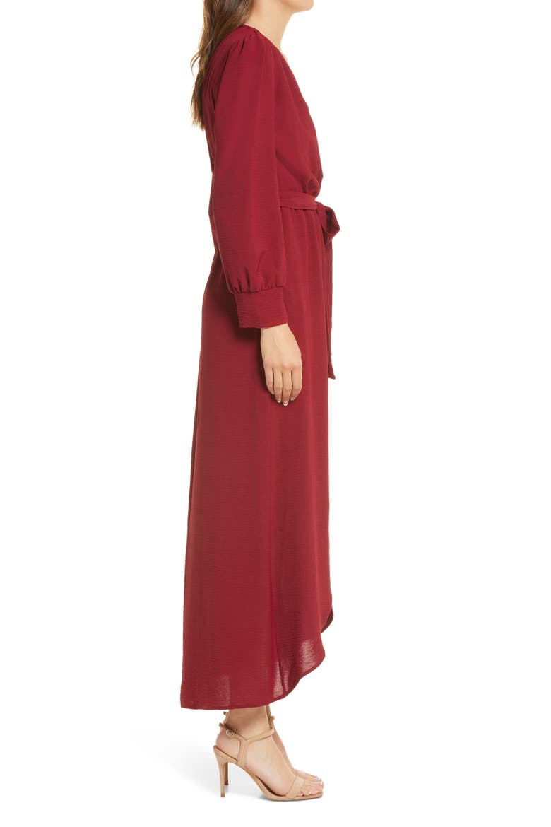 Long Sleeve Faux Wrap Dress, Alternate, color, WINE