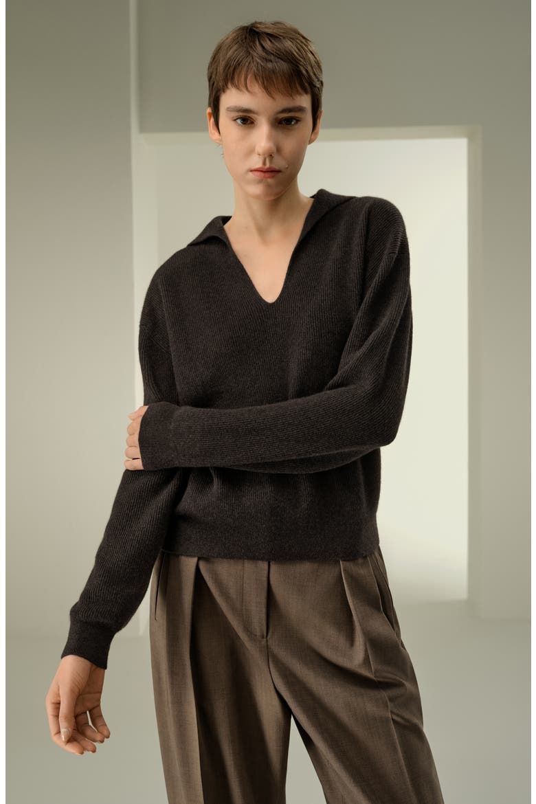 Women's Ribbed Cashmere Polo Sweater, Alternate, color, Thunder