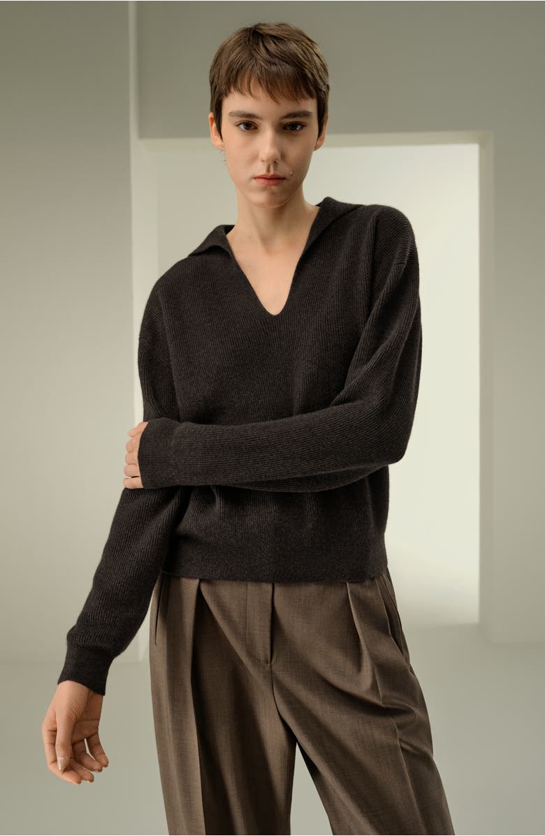 Lilysilk Women's Ribbed Cashmere Polo Sweater, Alternate, color, Thunder