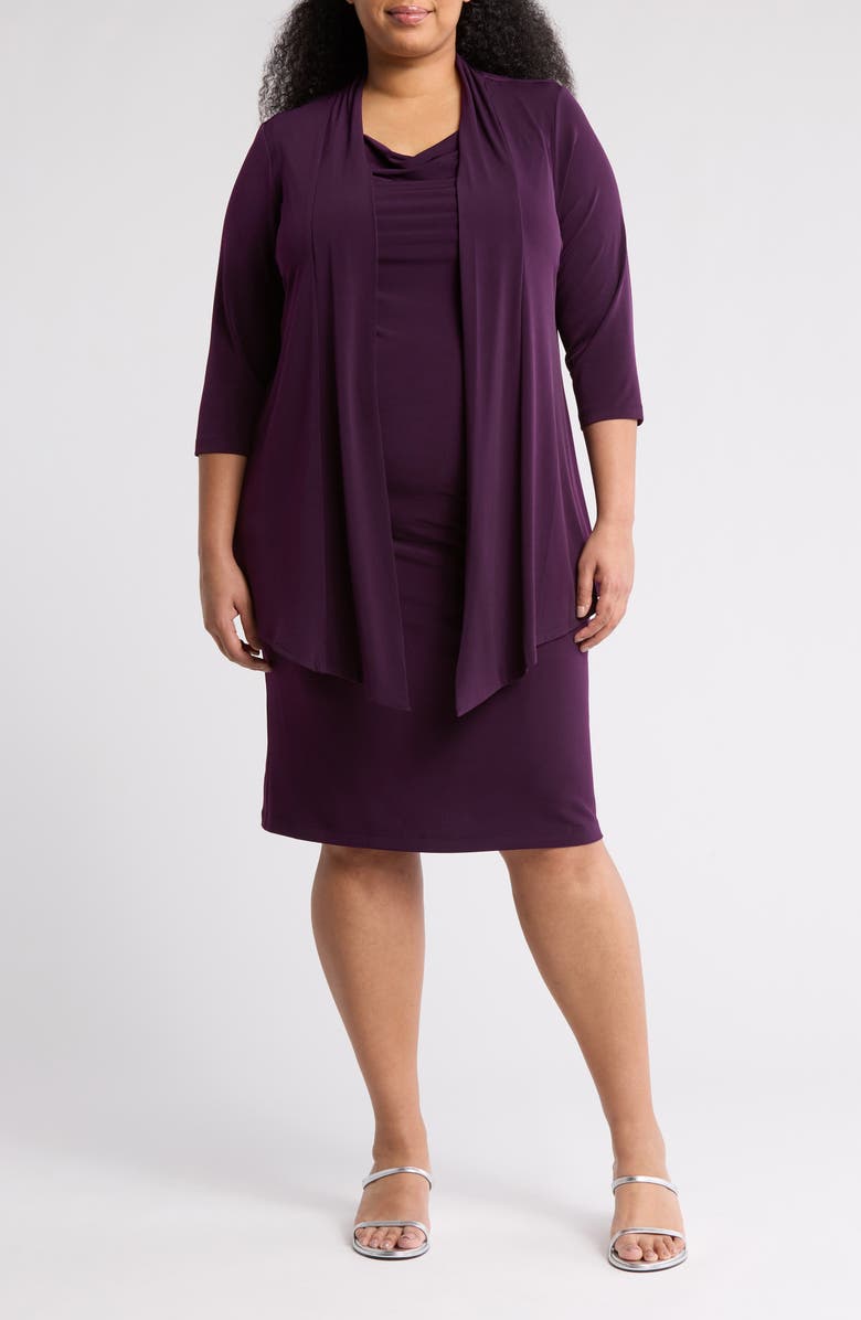 Connected Apparel Knit Mock Jacket Dress, Main, color, Aubergine