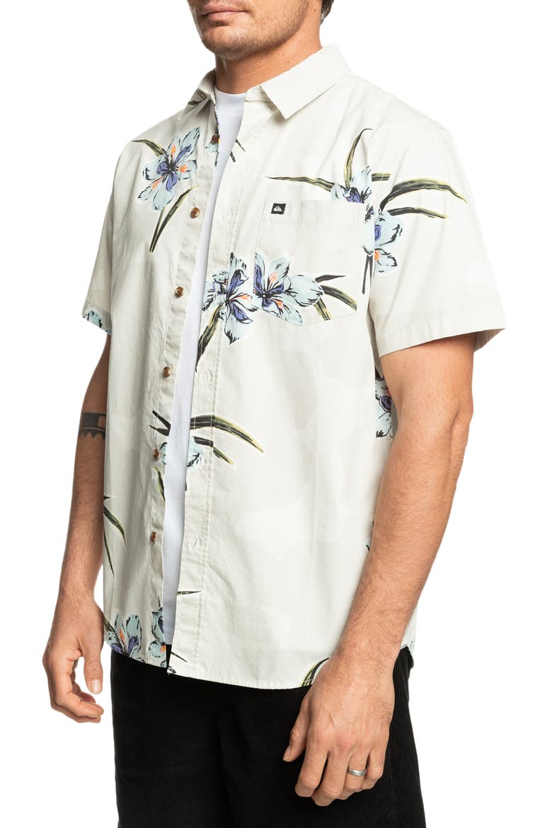Apero Floral Short Sleeve Stretch Cotton Button-Up Shirt, Alternate, color, SILVER BIRCH PRINT