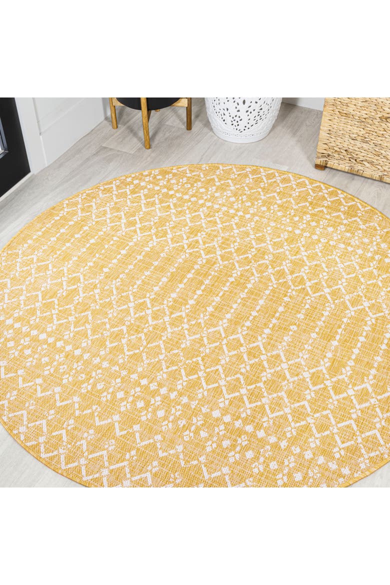 Ourika Moroccan Geometric Textured Weave Indoor/Outdoor Round Area Rug, Main, color, Yellow/Cream