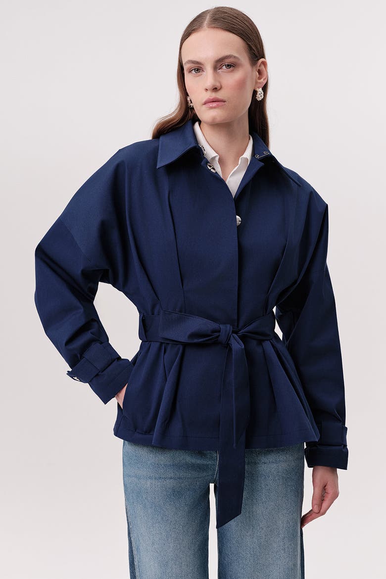 Kelly Notched Collar Pleated Belted Trench Coat, Main, color, Navy