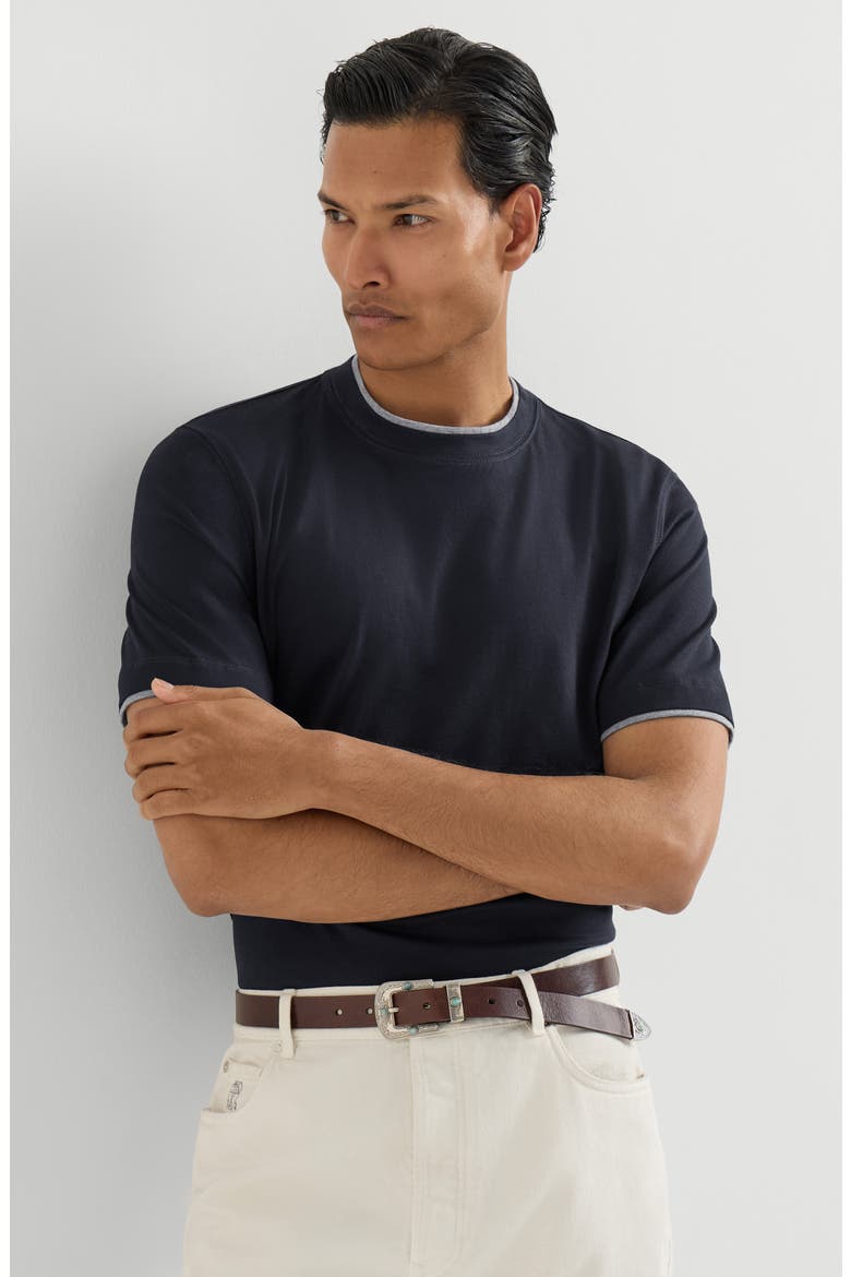 Cotton jersey crew neck T-shirt with faux-layering, Alternate, color, Cobalt