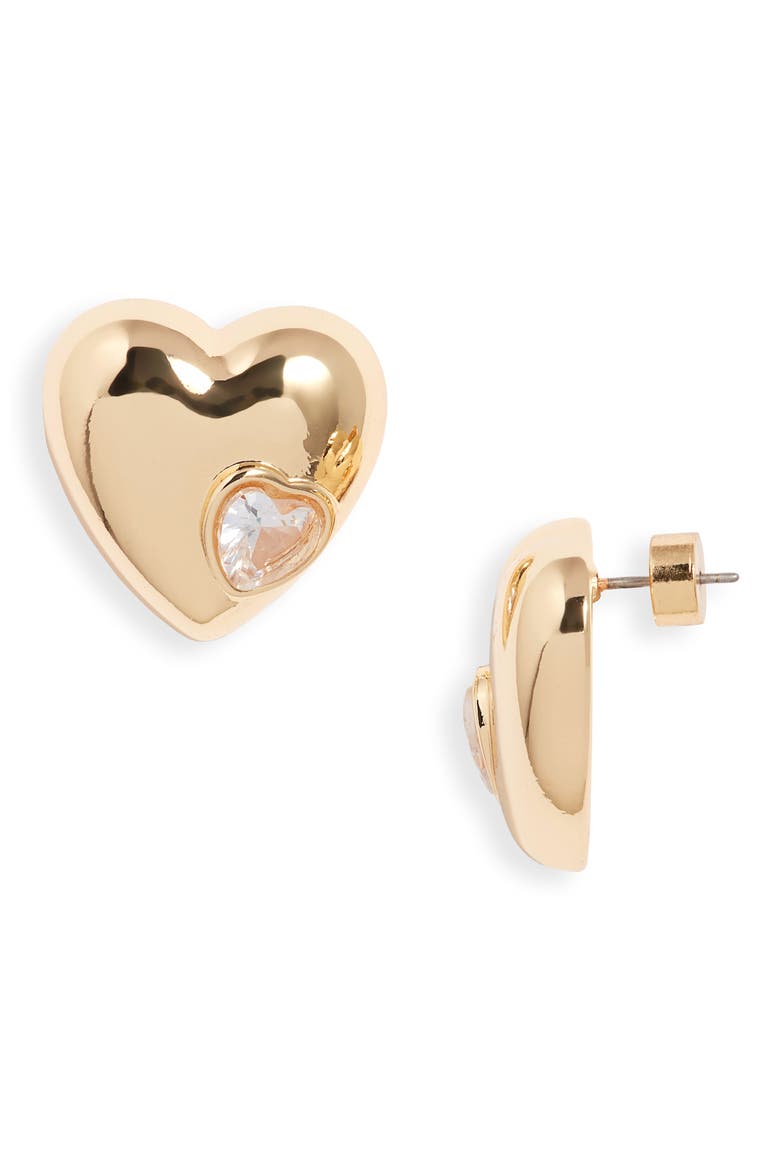 Puffy Heart & Stone Stud Earrings, Main, color, CLEAR- GOLD