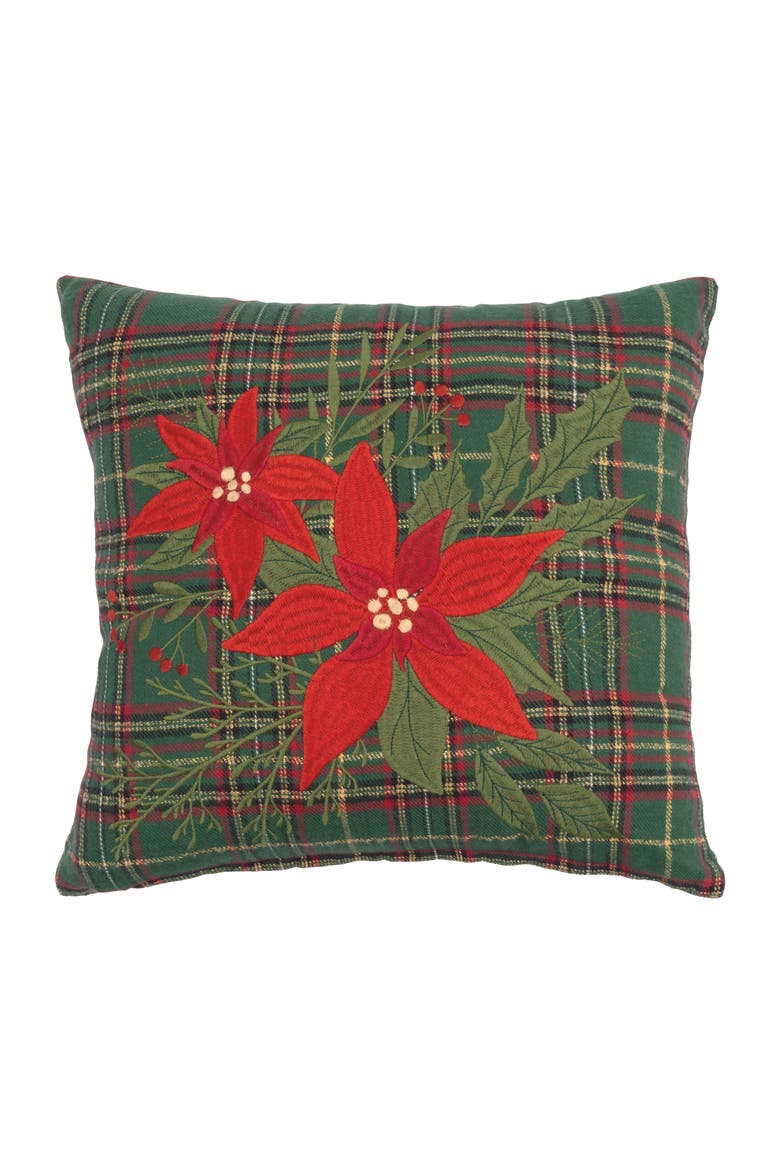 Poinsettia Plaid Floral Christmas Throw Pillow 16" x 16", Main, color, Red