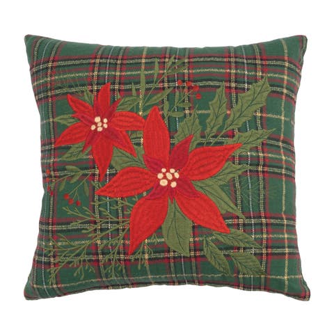 Poinsettia Plaid Floral Christmas Throw Pillow 16" x 16"