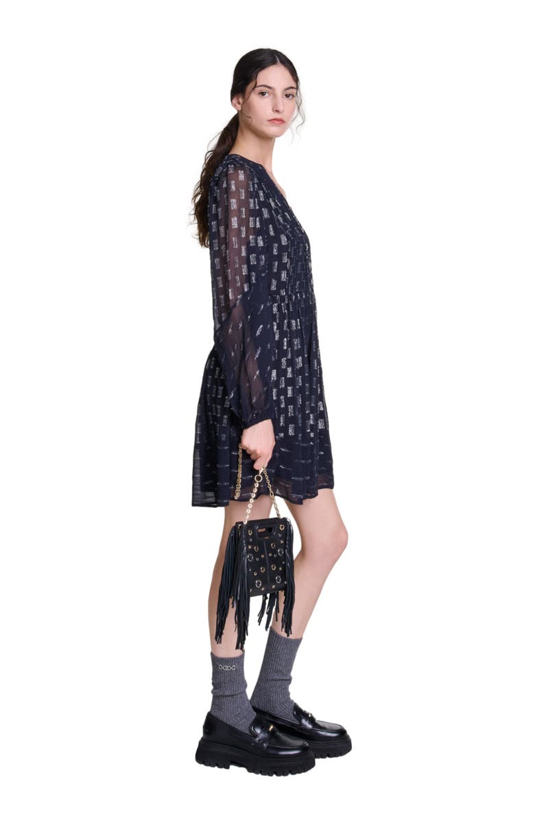 maje Pleated floral motif short dress, Alternate, color, 