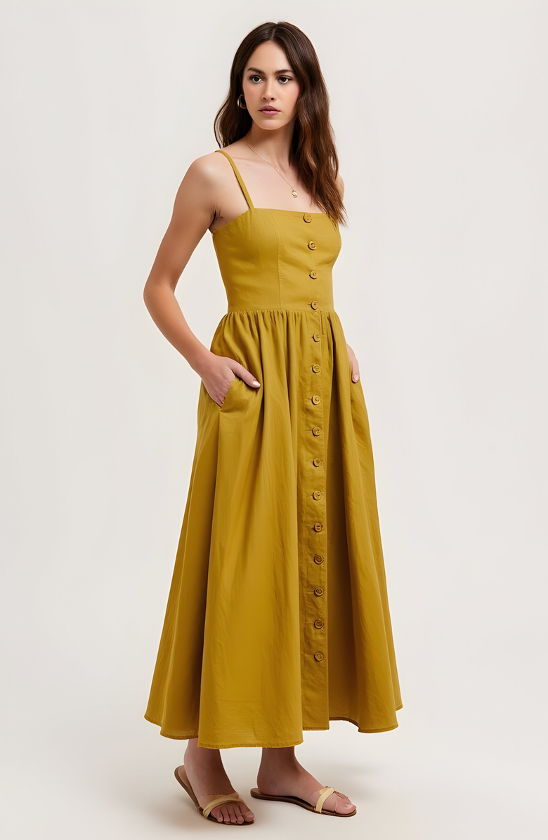 Modenaire Button Front Midi Dress with Spaghetti Straps and Side Pockets, Alternate, color, 