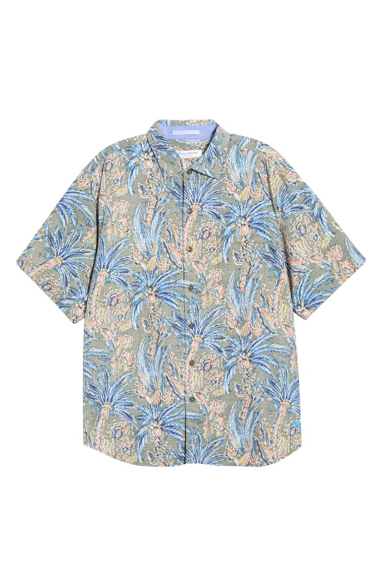 Tommy Bahama Nova Wave Fiera Fronds Short Sleeve Cotton Blend Seersucker Button-Up Shirt, Main, color, Palm Moss