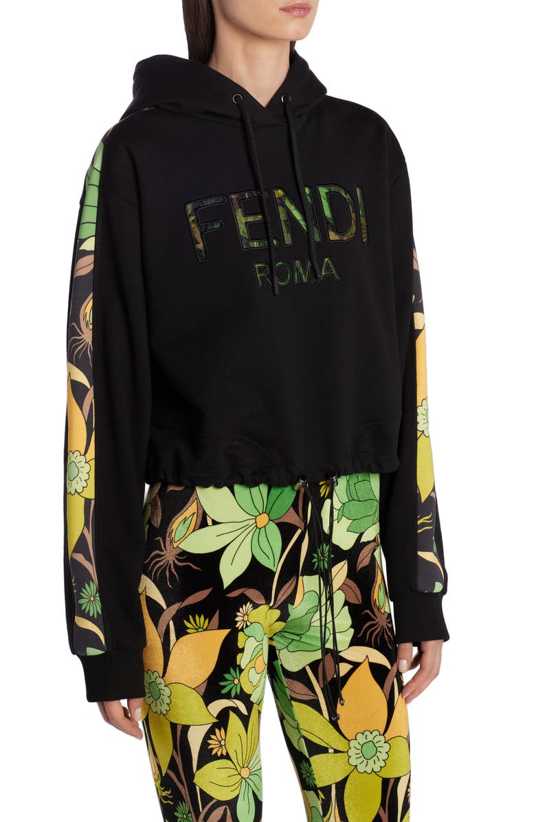Fendi Floral Logo Crop Drawstring Hoodie, Alternate, color,